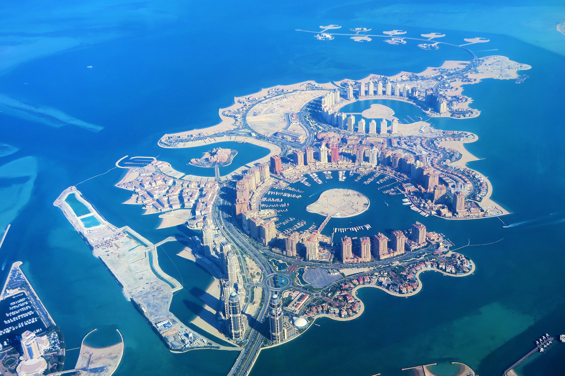 Aerial view of The Pearl artificial islands in Doha, Qatar