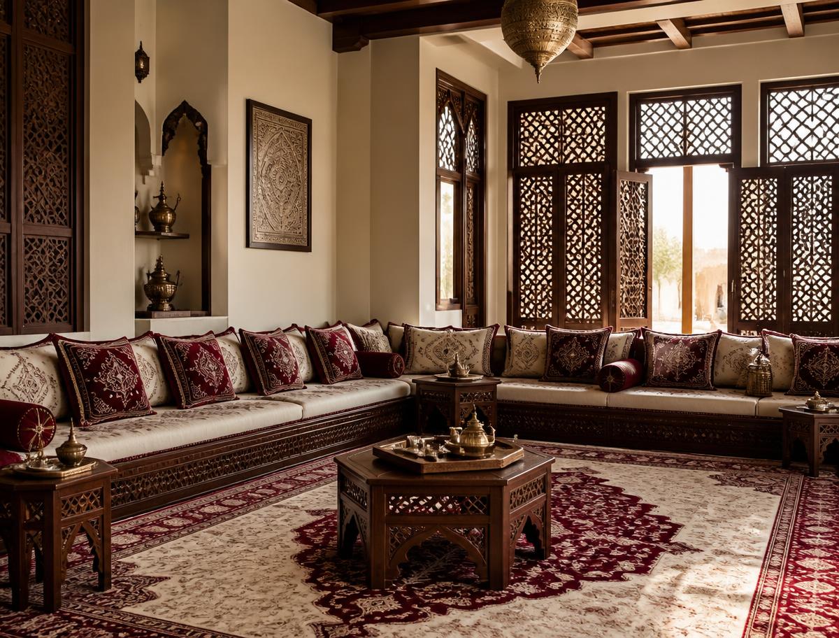 Traditional Qatari majlis with low seating and arabesque wooden screens