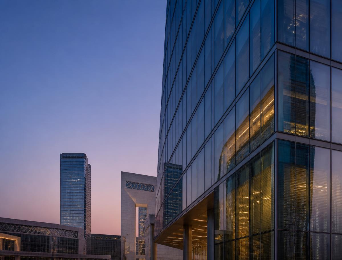 Glass facade of a Qatar Financial Centre office tower at dusk